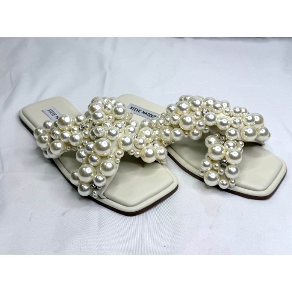 Steve Madden Duri Ivory Pearl Embellished Slide Sandals Women's Size 9 New